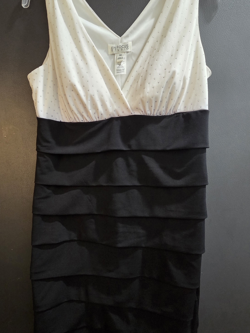 Enfocus Studio Black & White V-Neck Tiered Cocktail Dress